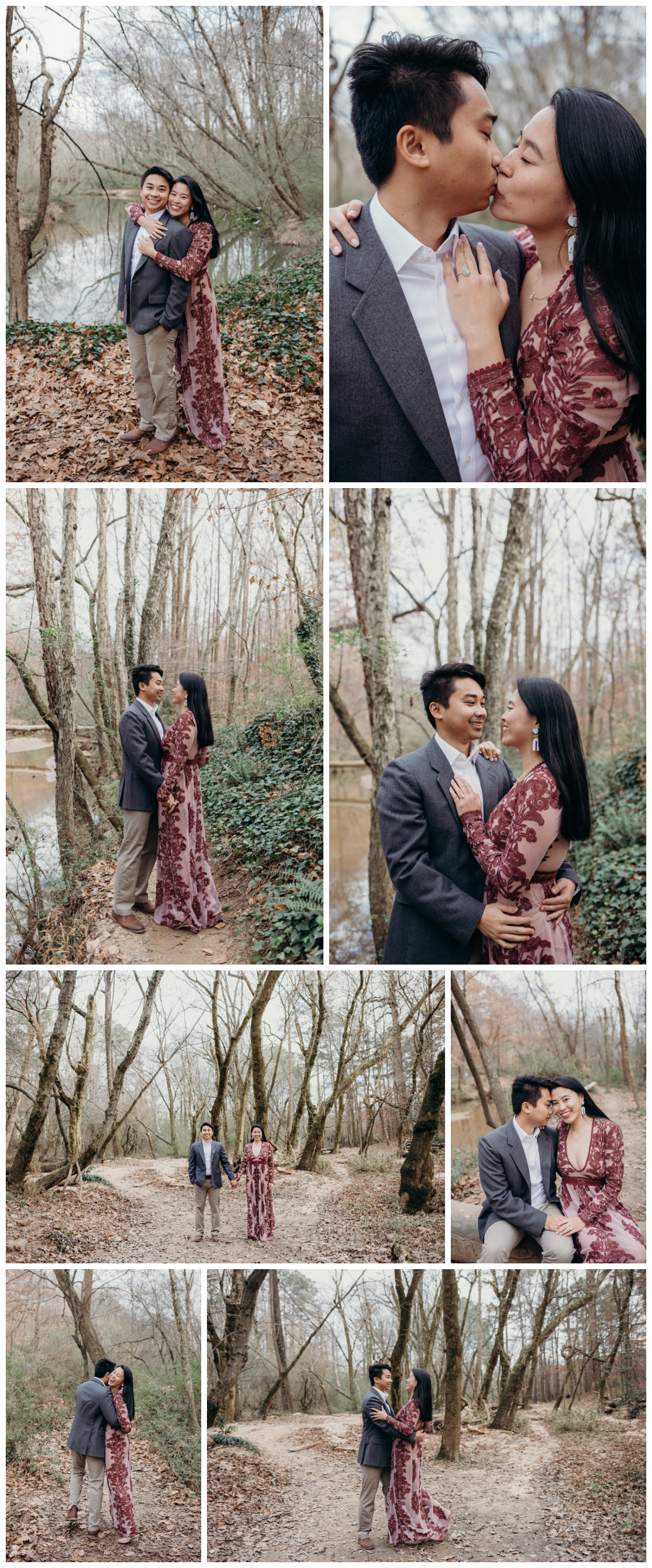 Decatur engagement session with burgundy dress